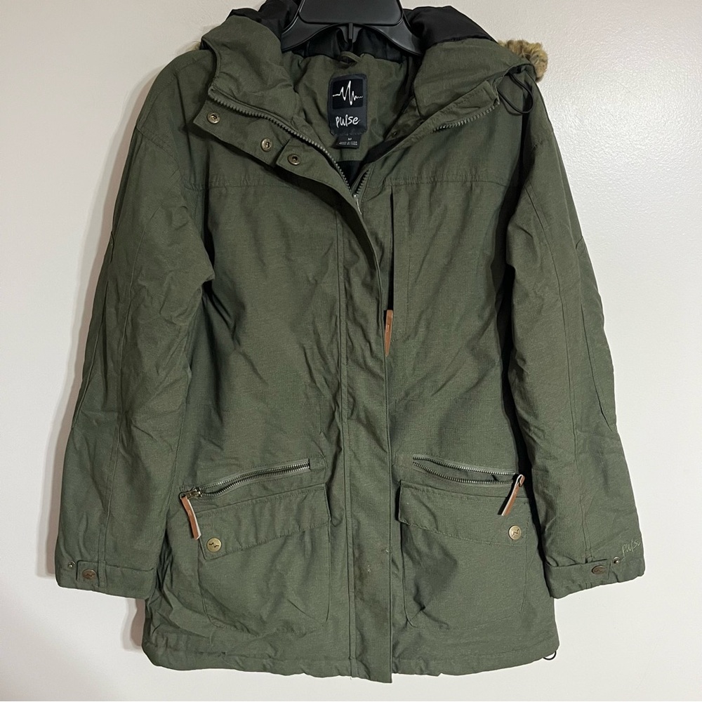Pulse Olive Green Hooded Winter Parka Jacket Faux‎ Fur Trim Snow Skirt Medium